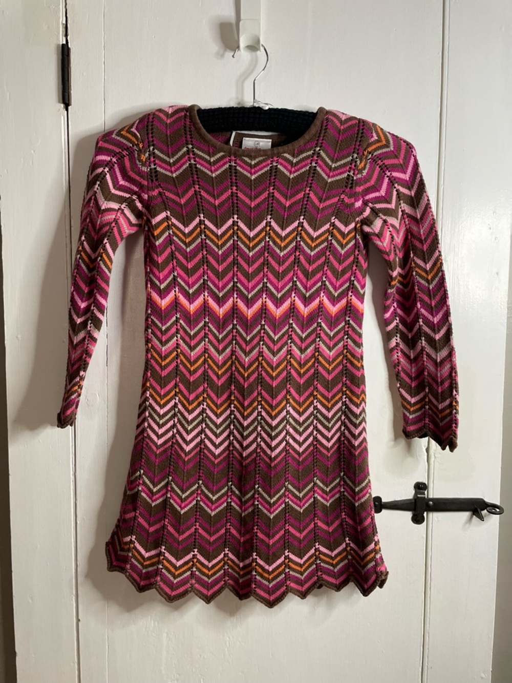 HANNAH ANDERSSON Girls Chevron Knit Dress in Pink and Brown 100% Cotton Size 6-7
